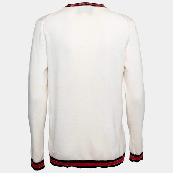 Authentic Gucci Ivory Cream Web Stripe Trimmed Buttons Wool Cardigan Sweater S - Picture 2 of 13